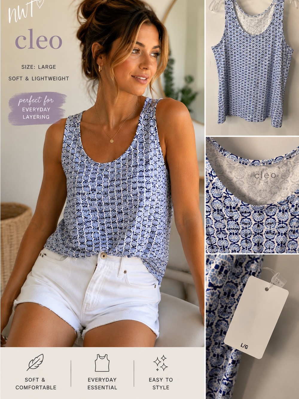 NWT Cleo Blue & White Printed Tank Top Size Large